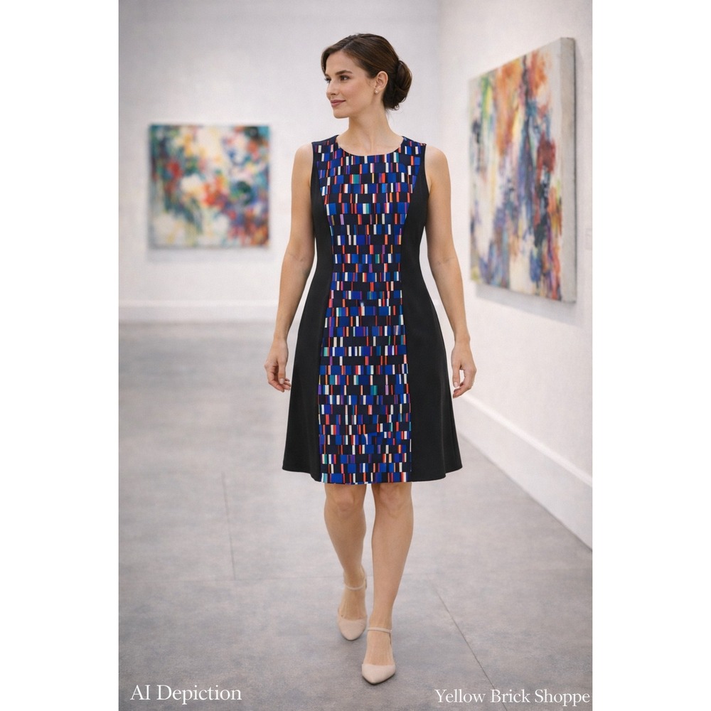 Calvin Klein Sleeveless Black Dress with Abstract Geometric Center Panel 8‎